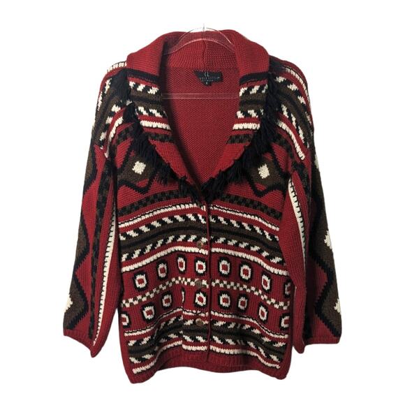 Vintage 90's Carole Little Southwestern Cadigan Shawl Collar with Fringe Red - Picture 1 of 7